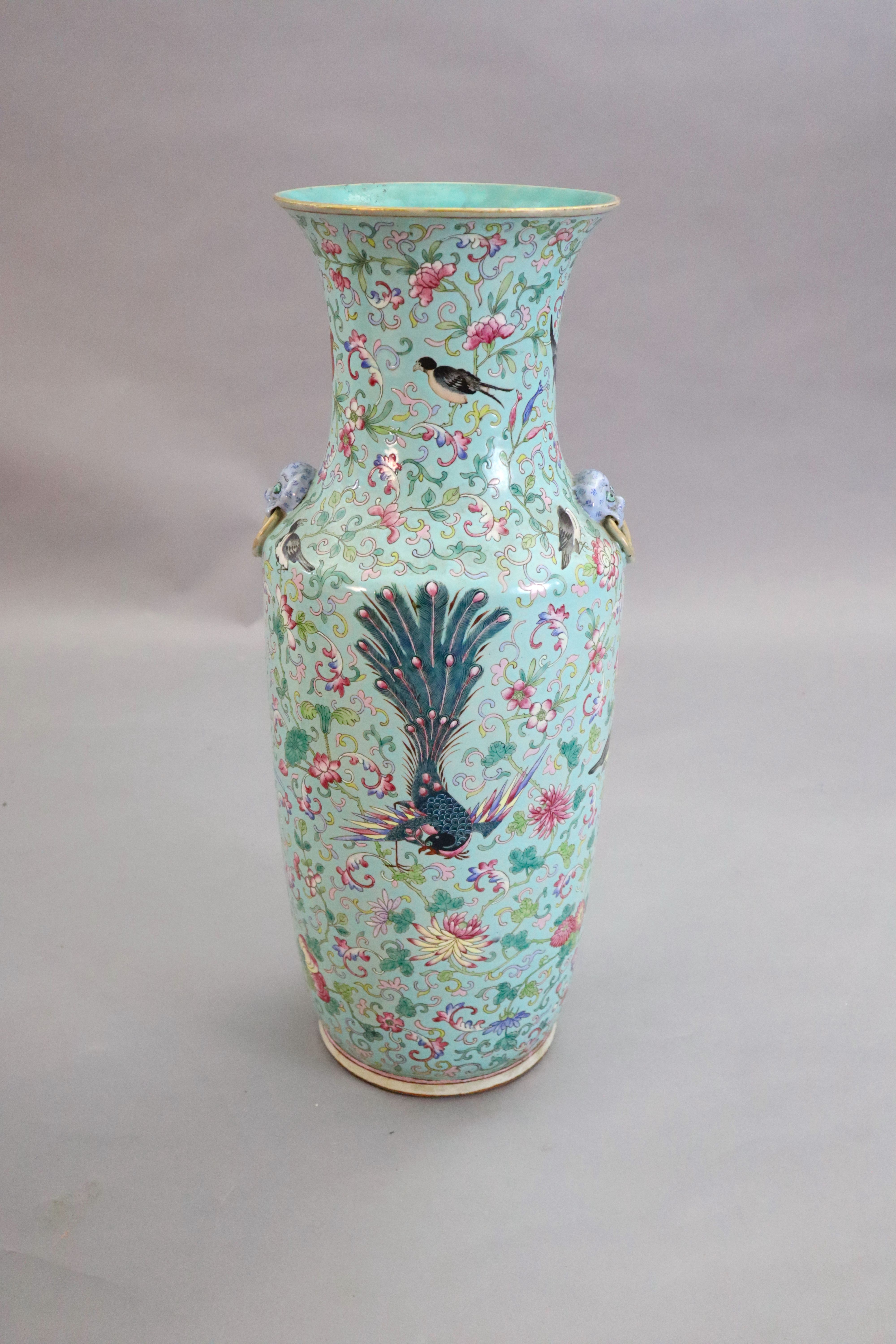 A large Chinese famille rose turquoise ground baluster vase, first half 19th century, total height 99cm